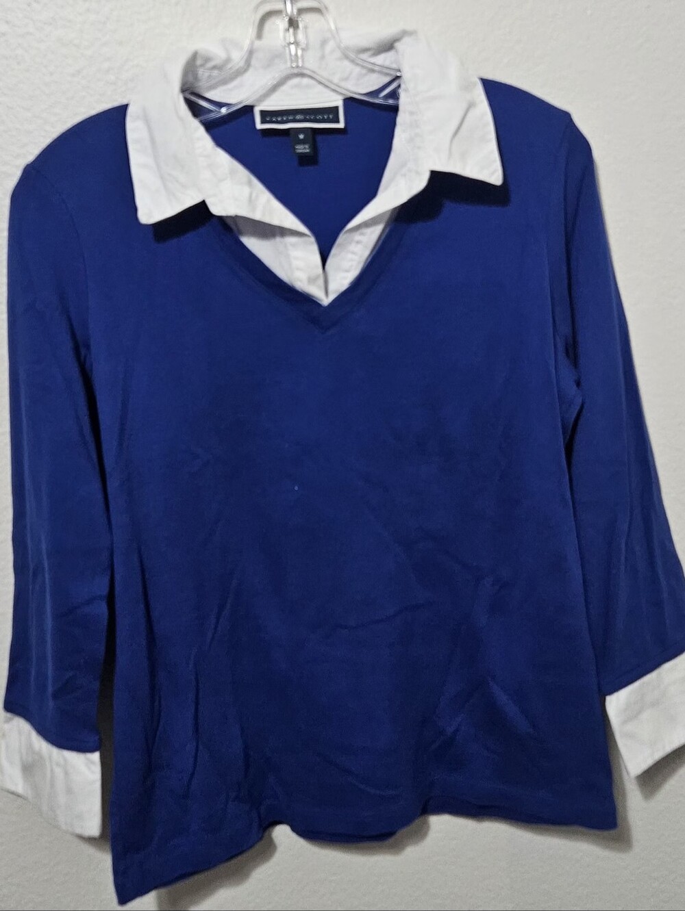 Karen Scott Royal Blue V-Neck Tunic with White Faux Collar